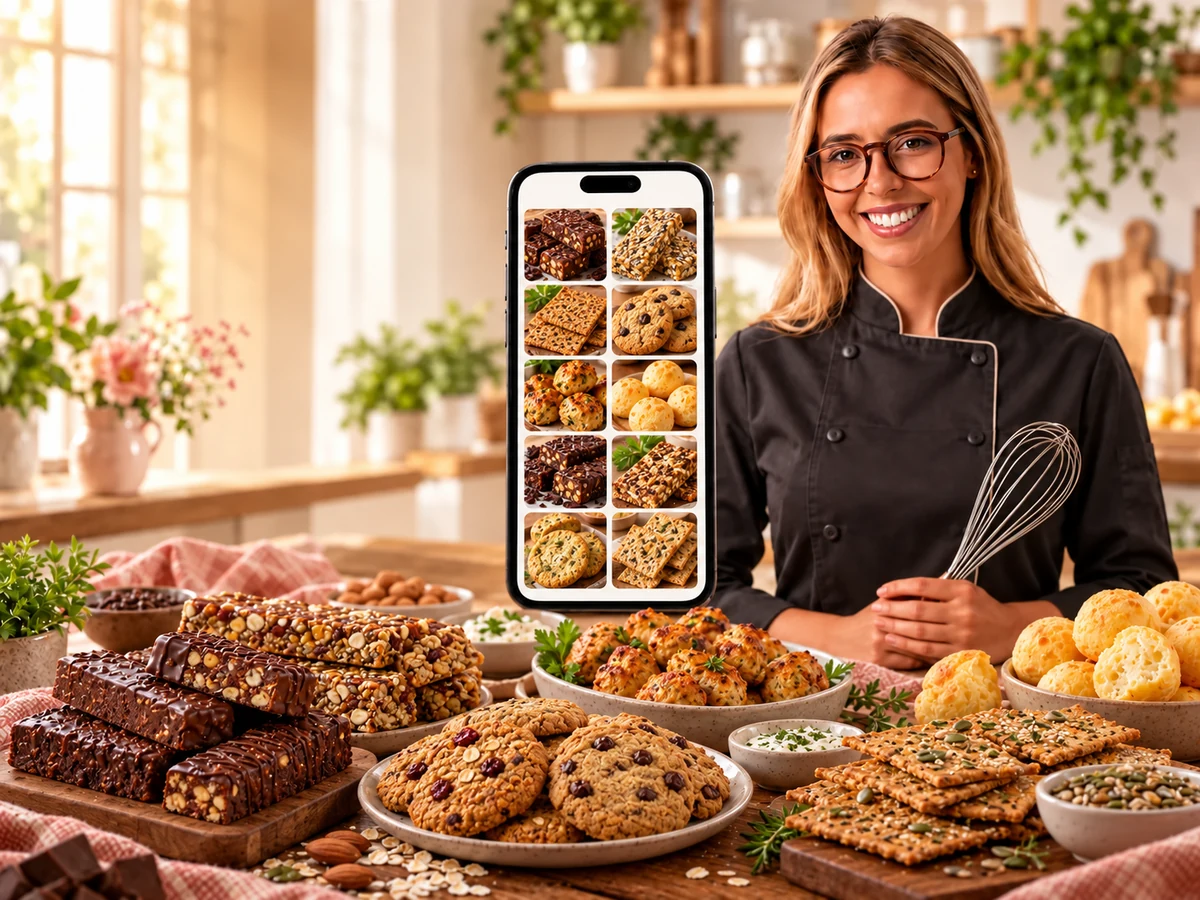 Chef Luana com barrinhas, biscoitos, petiscos e receitas exibidas no celular