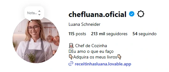 Perfil oficial da Chef Luana no Instagram